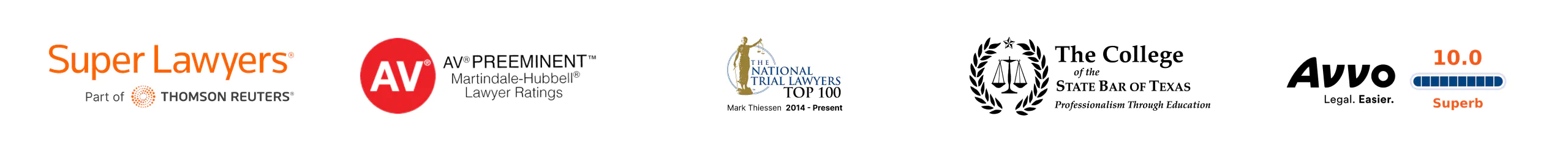 Premios de la compañía: Super Lawyers, AV Preeminente Martindale-Hubbell Abogado Clasificación, The National Trial Lawyers Top 100, Avvo Superb 10.0 Clasificación